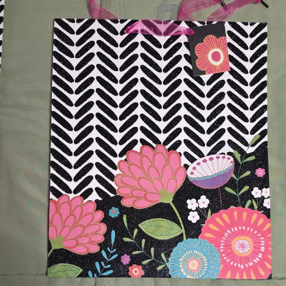 Floral Black & White Stripe All Occasion Large Gift Bags - Set of 10